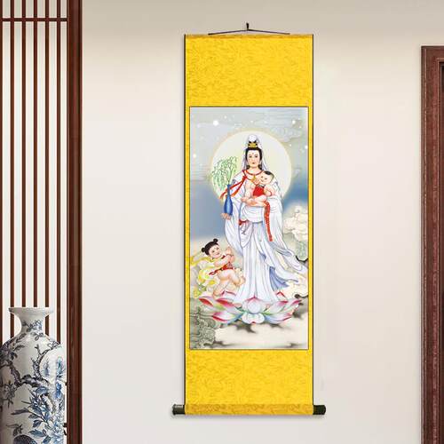 观音送子像 丝绸卷轴装饰挂画供奉送子观音画像家用卷轴挂画包邮