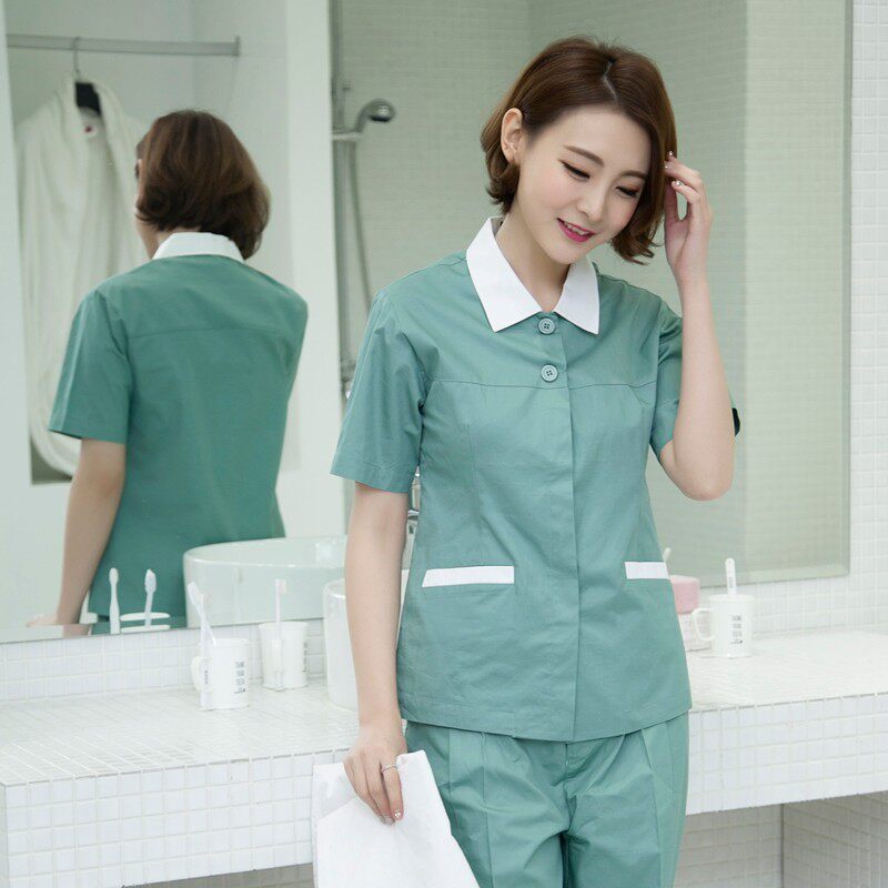 医院护工清洁员短长袖夏装棉套装绿色保洁工作服男女阿姨护理工服