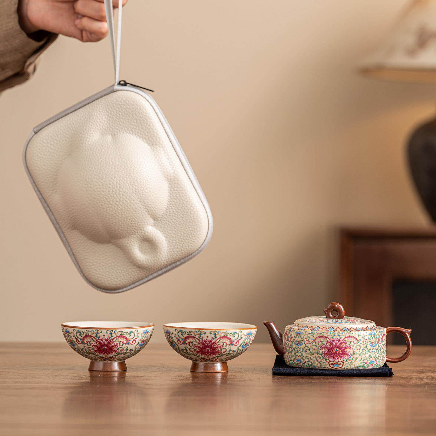 复古缠枝莲陶瓷旅行茶具套CZL户外露营便携式泡茶器装送长辈礼物