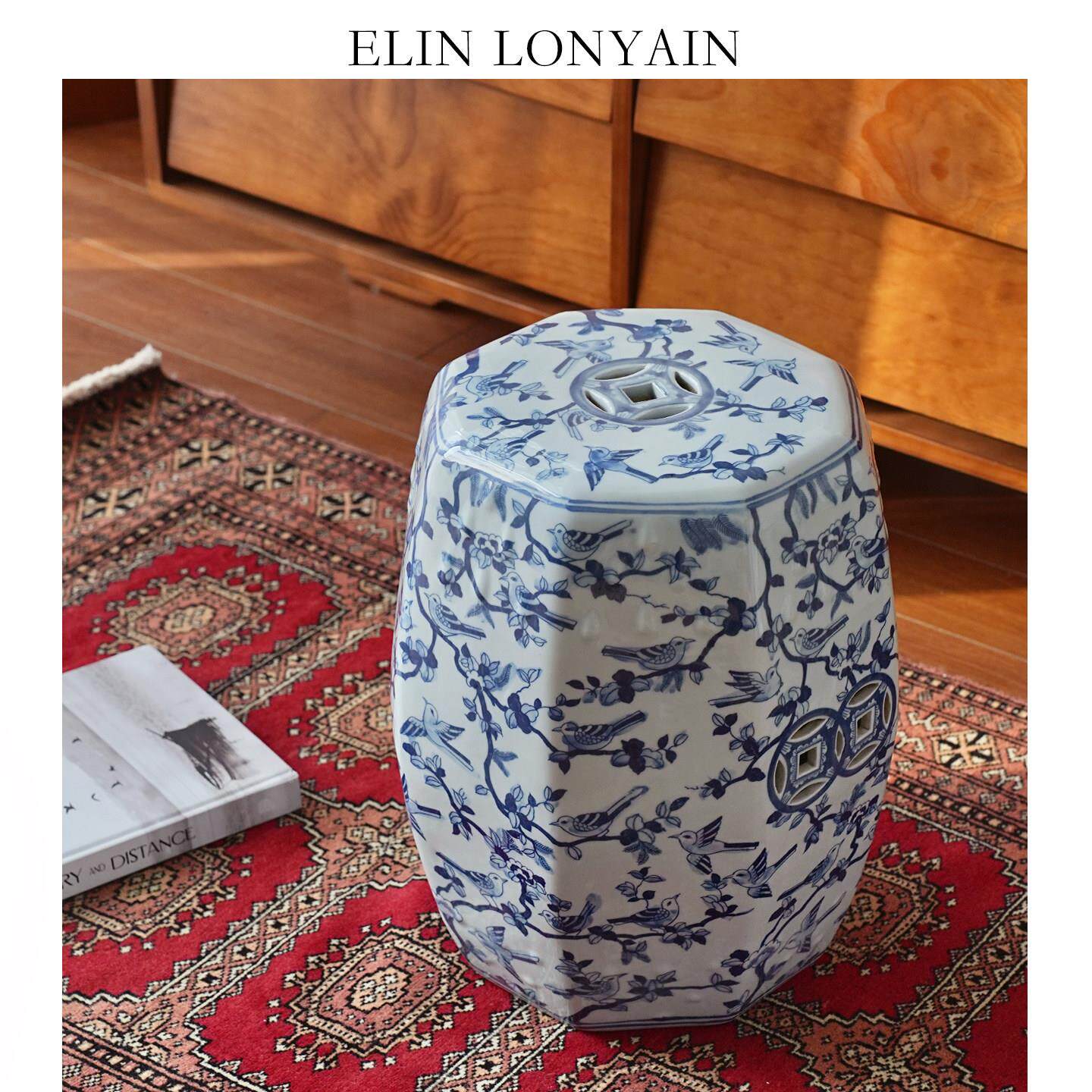 ELT26010珑衍家手陶绘釉下彩青花瓷花鸟居写瓷意鼓凳梳妆凳换鞋凳
