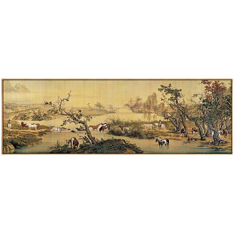 郎世宁装饰画百骏图办公室挂画新中式客厅背景墙壁画横幅骏马图画