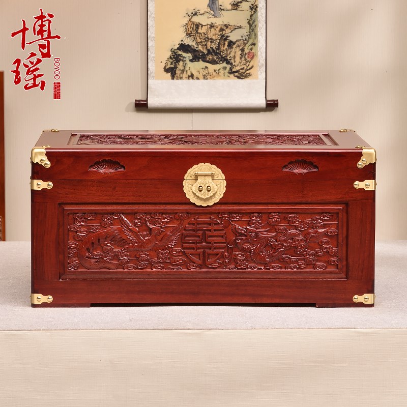 香樟木箱子龙凤喜字婚嫁箱仿古雕花嫁妆箱收纳箱陪嫁结婚字画箱子
