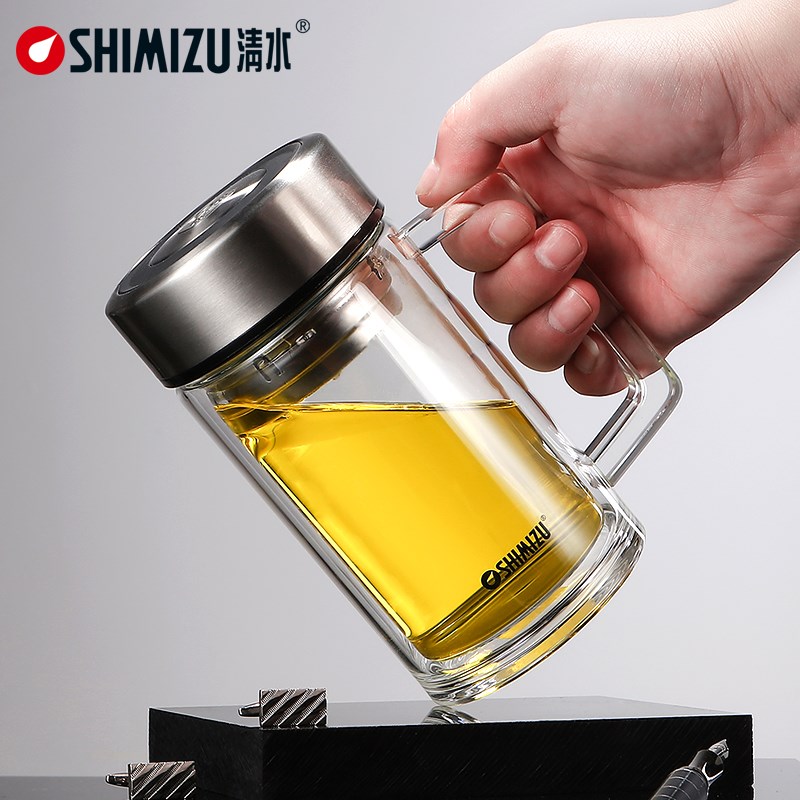 清水双层玻璃杯带手柄商务办公泡茶杯便携把手杯过滤透明水杯子图片