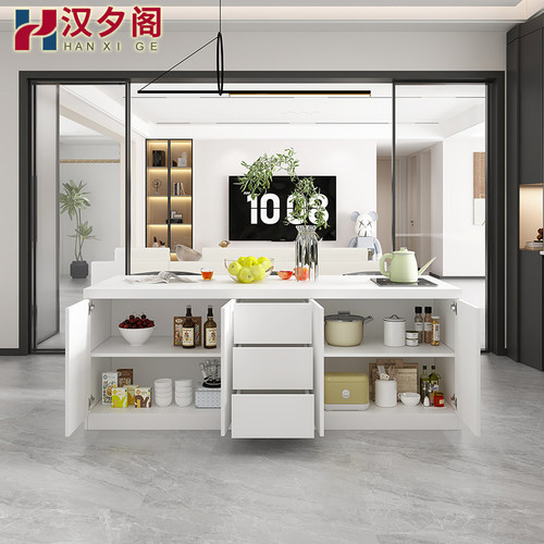奶油风岛台一体餐桌吧台柜多功能岩板中岛台开放式厨房料理台8E50