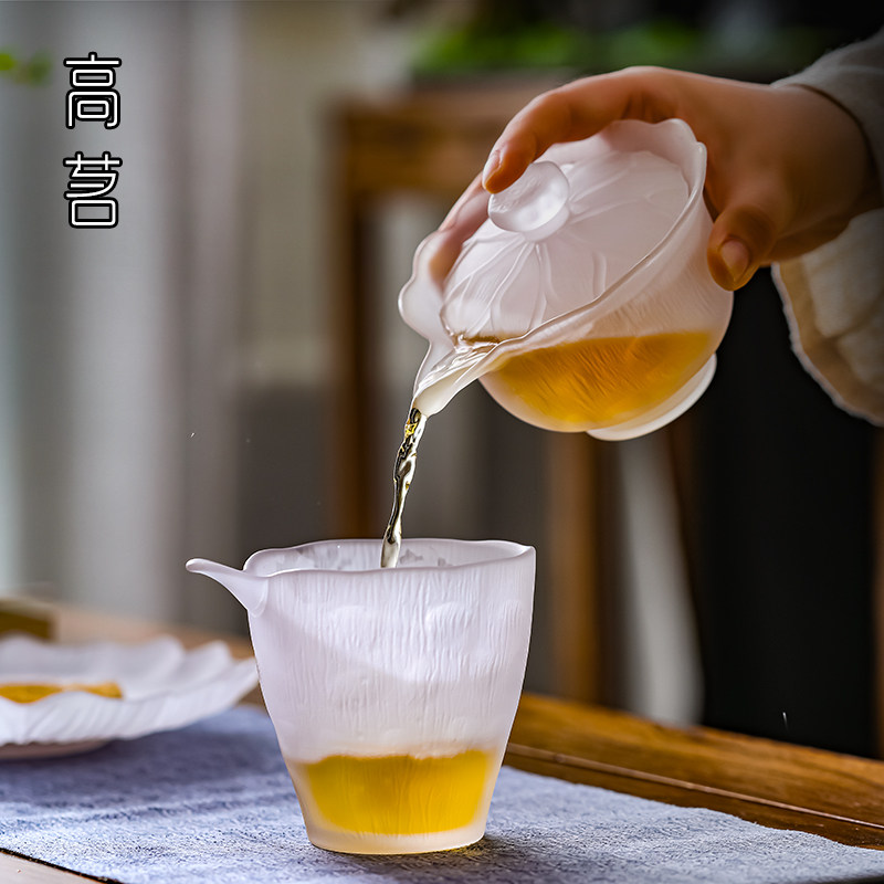 普洱茶专用盖碗单个不烫手白色磨砂玻璃泡茶碗功夫茶具琉璃手抓壶