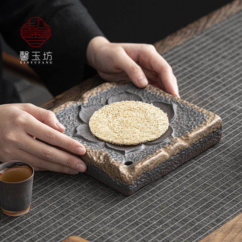 馨玉储水式壶承粗陶鎏金养托盘壶禅意莲花泡茶台正坊方形小粗陶四