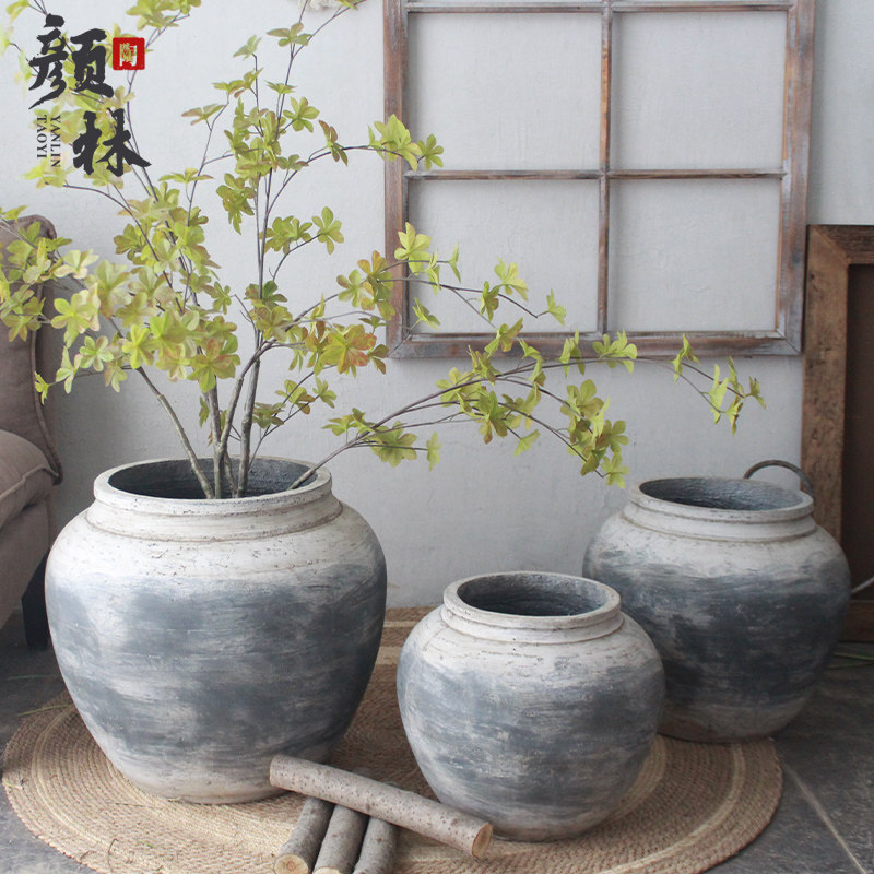 花坛子圆坛花瓶圆肚子瓶大肚罐子民宿装饰仿古罐寂风花瓶圆花盆