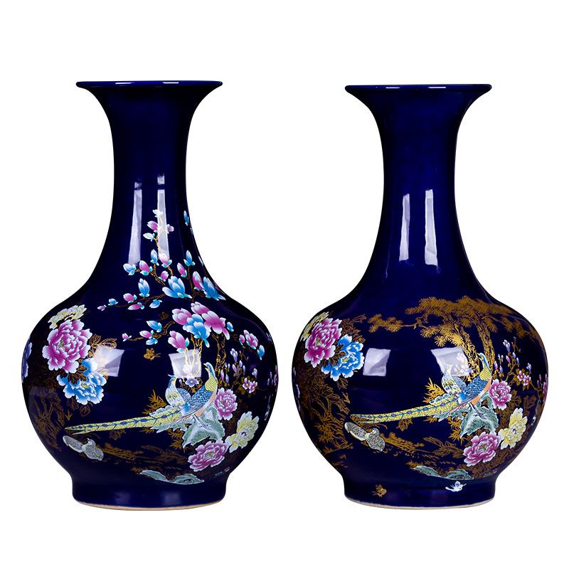 景德镇陶瓷器蓝色花瓶子瓷瓶中式家居饰品客厅插花电视柜装饰摆件