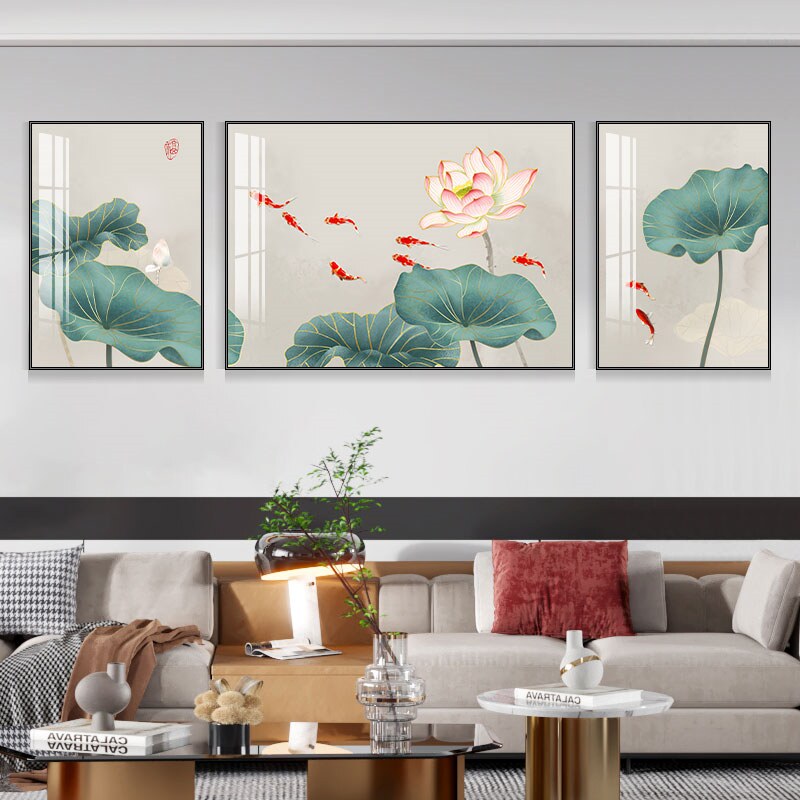 荷花九鱼图大气装饰画新中式沙发客厅挂画轻奢背景墙三联画墙定做