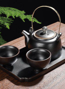 日式提梁壶茶具套装粗陶茶壶复古陶瓷茶杯家用简约泡茶壶功夫茶具