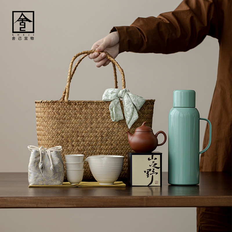 旅行茶具闷茶壶家用女士茶具茶杯紫砂壶户外大容量便携竹编手提篮