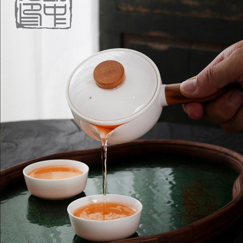白瓷侧把壶旅行装便携茶具简约功夫茶壶茶杯防烫一人二杯户外套装