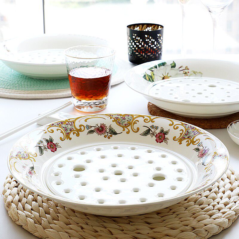 骨瓷饺子盘沥水双层盘家用大号水饺盘子可两用深盘2021新款