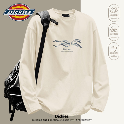 Dickies男生潮牌纯棉长袖2026秋季新款美式重磅小众波浪印花T恤