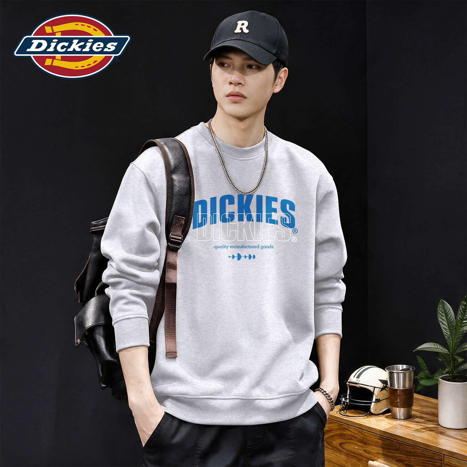Dickies圆领卫衣男款2026秋季新款简约灰色舒适百搭宽松男士上衣