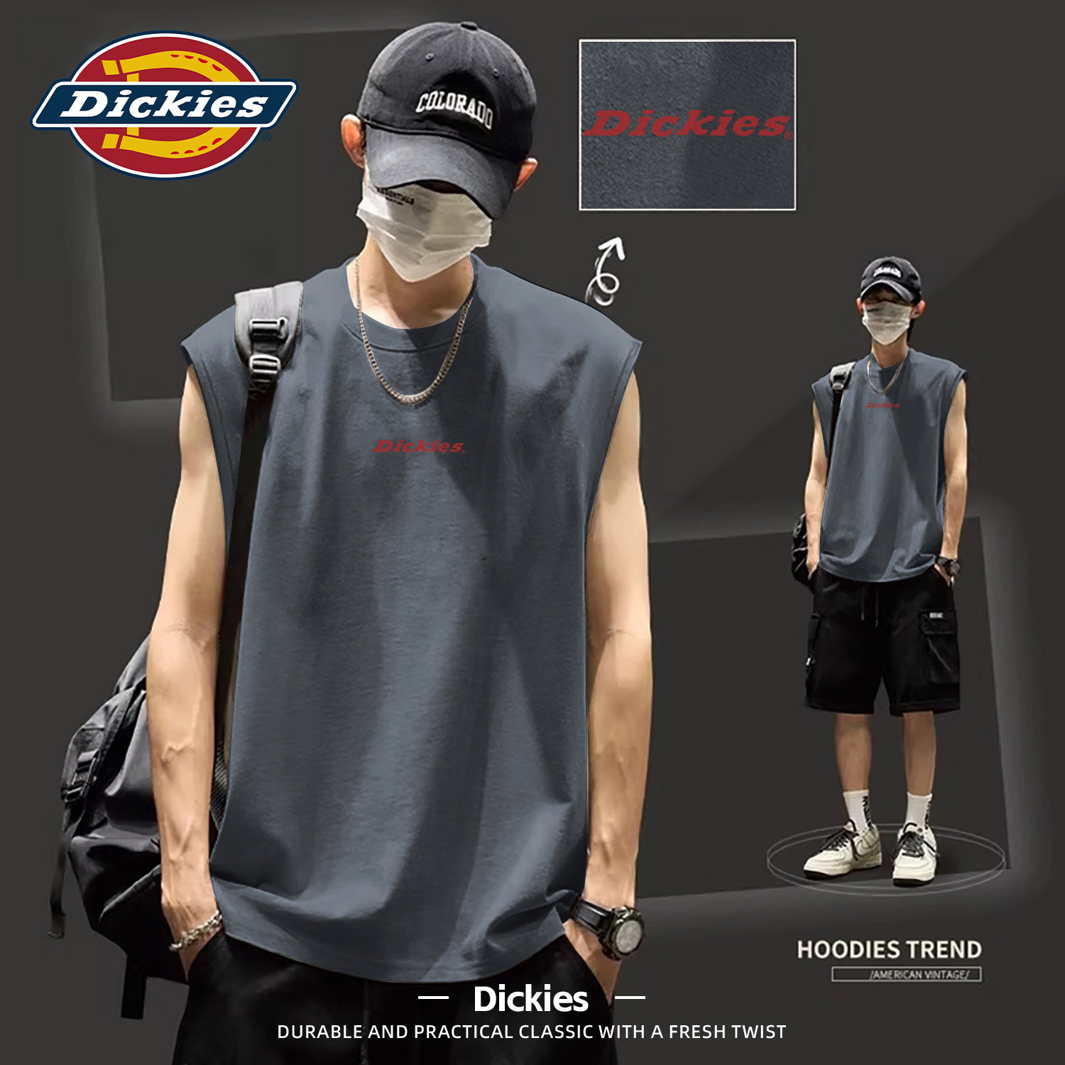 Dickies深灰色纯棉无袖背心男款2026新款夏季薄款透气运动打底衫