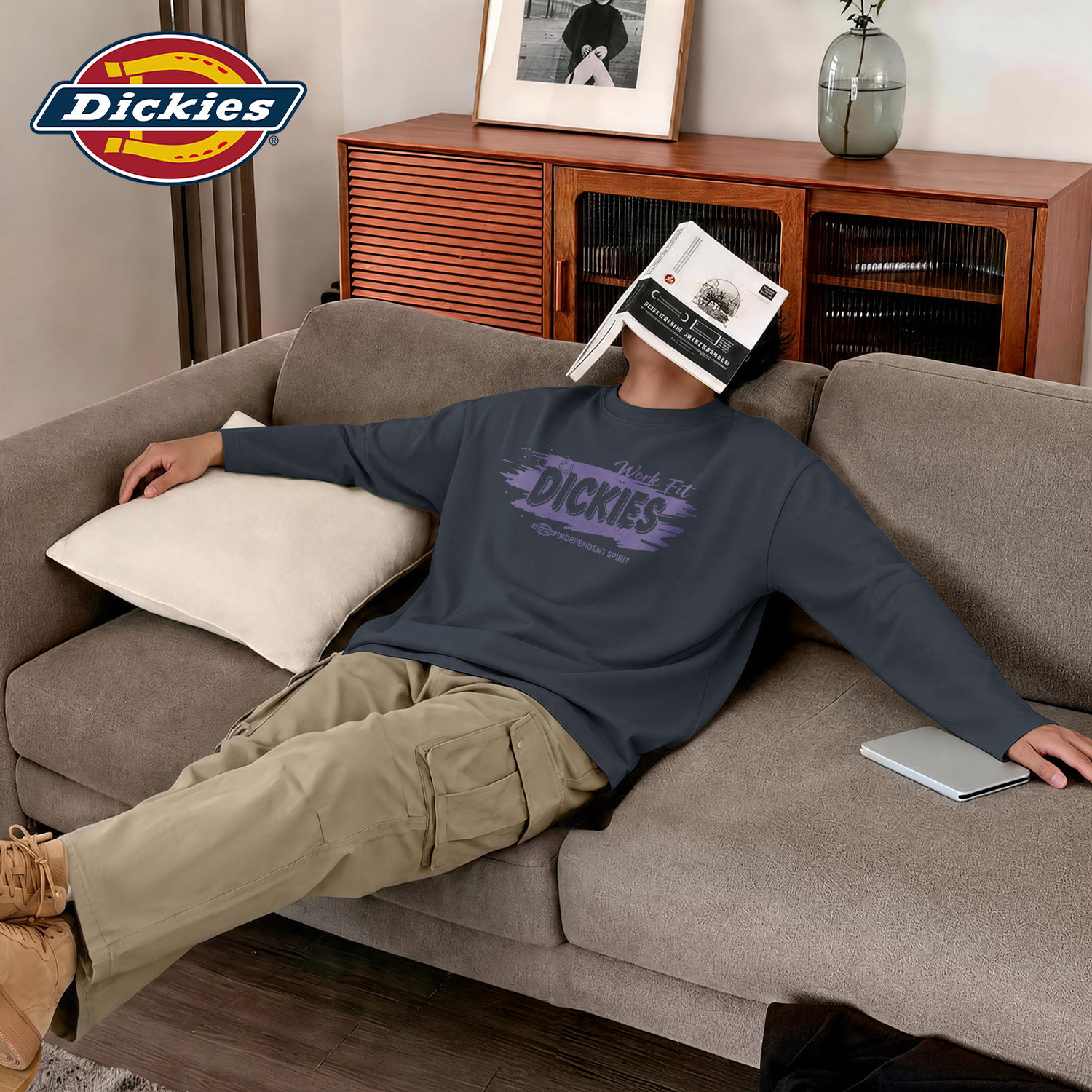 Dickies深灰色纯棉长袖T恤男