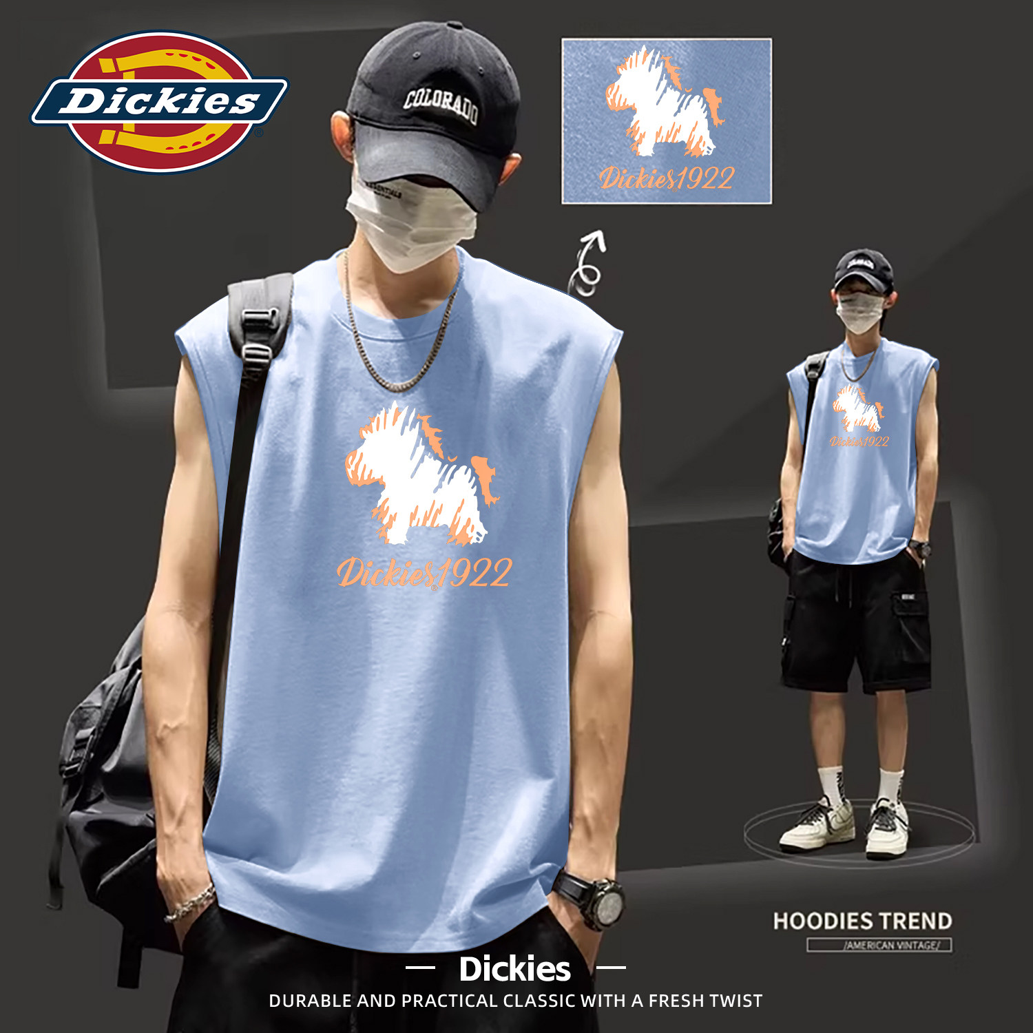 Dickies蓝色纯棉无袖背心