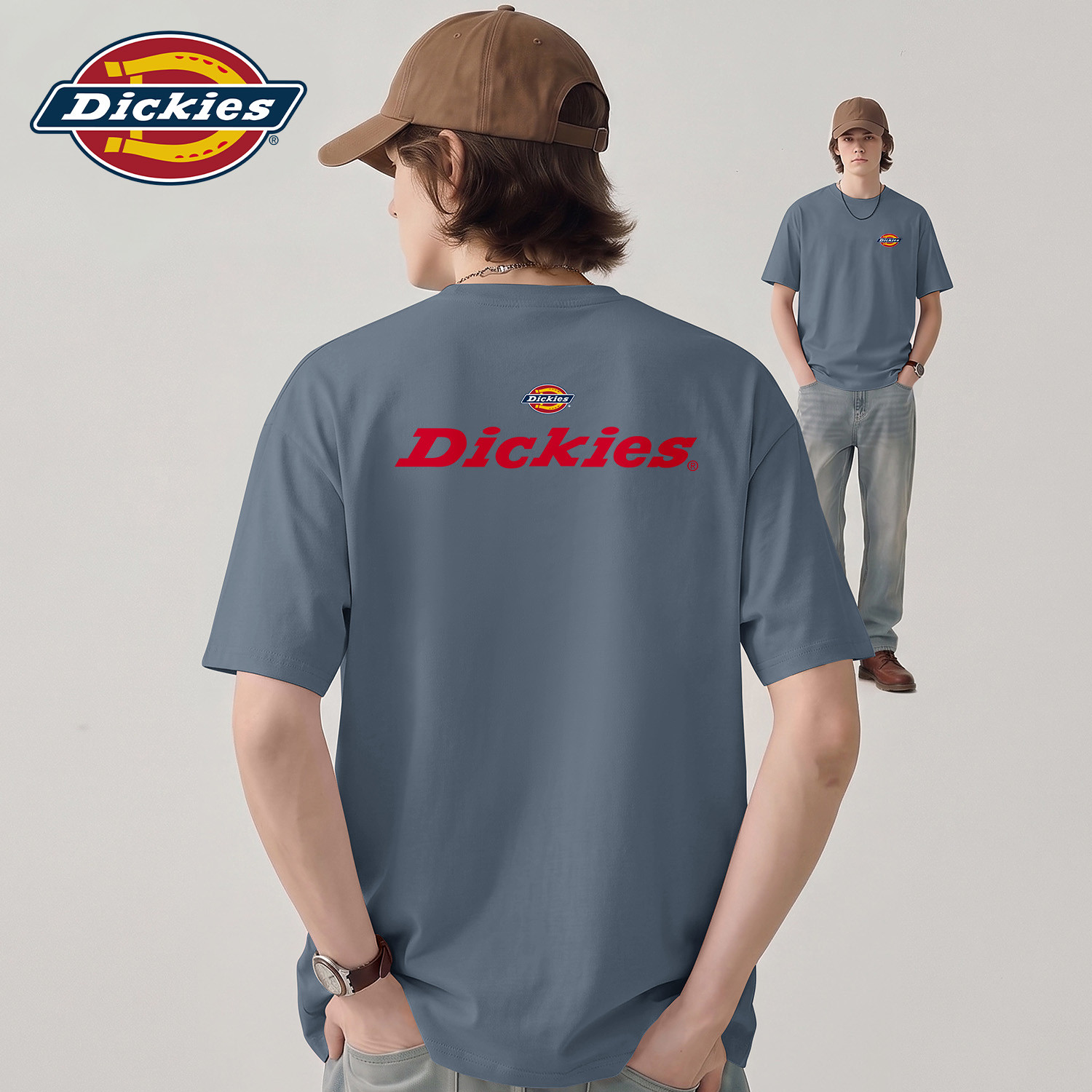 Dickies深灰色纯棉短袖T恤男生2026夏季新款宽松休闲五分袖体恤衫