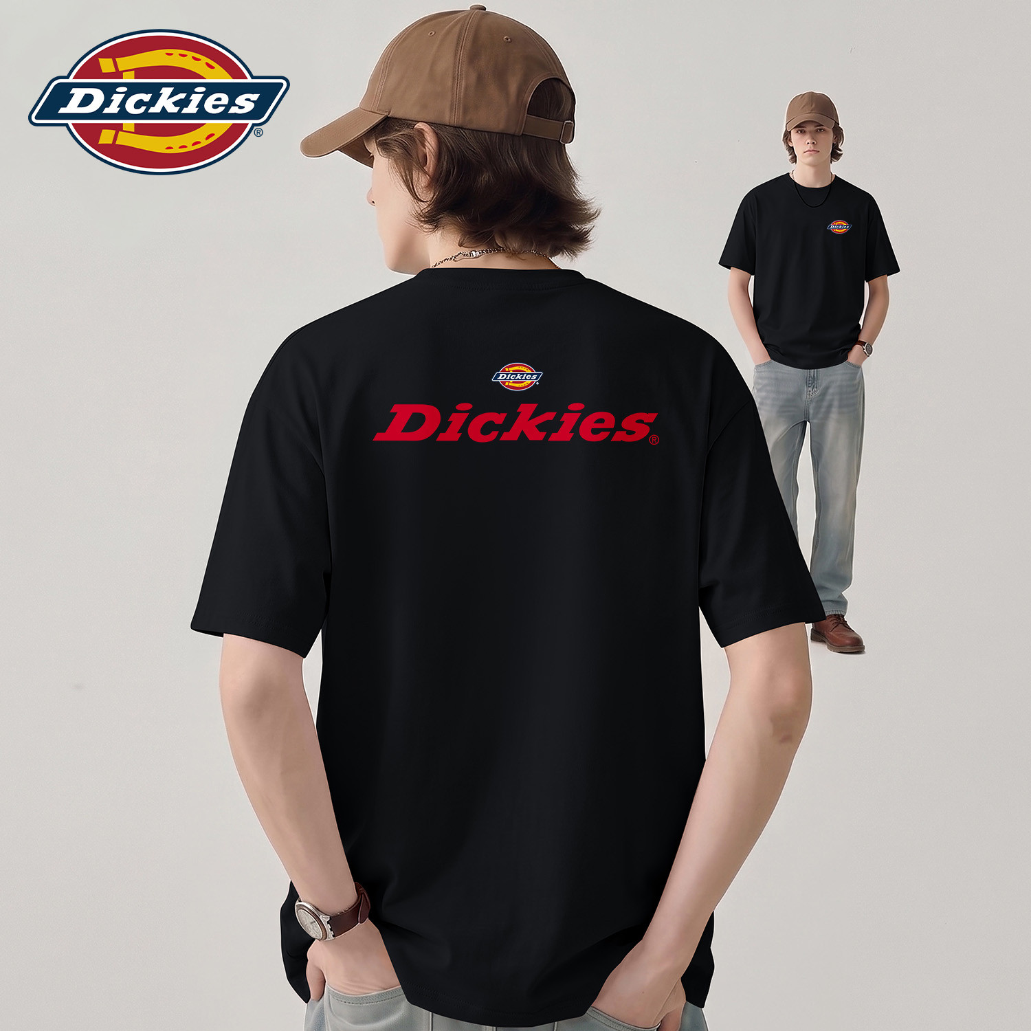 Dickies黑色纯棉短袖T恤男生2026夏季新款基础款休闲五分袖体恤衫