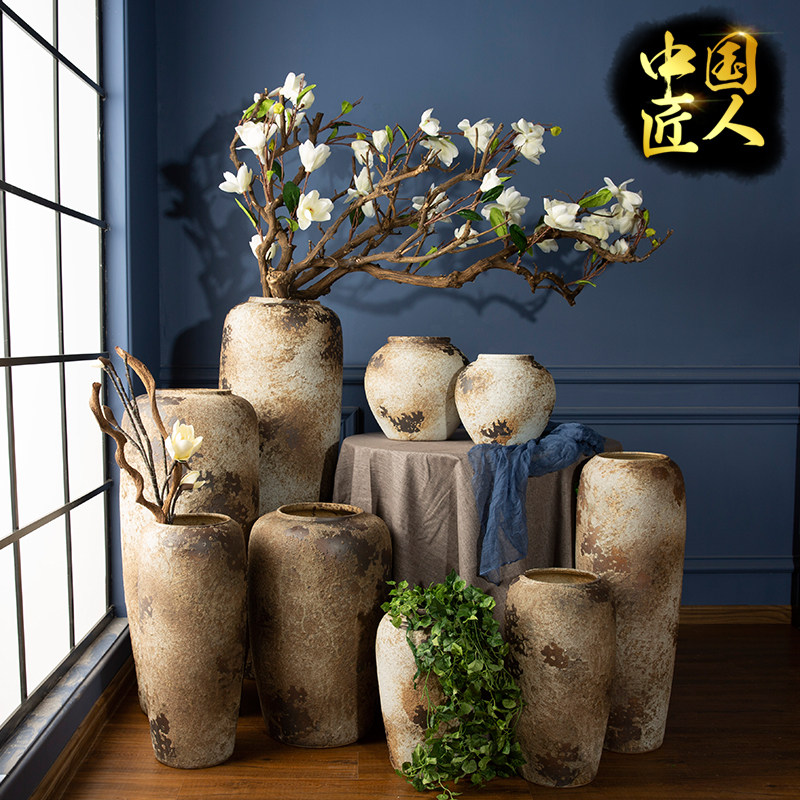 复古工业风手工粗陶景德镇陶瓷落地花瓶陶罐坛子花器客厅装饰摆件