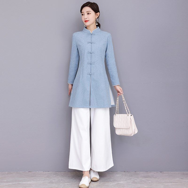 加绒加厚禅意茶服女秋冬季唐装汉服中国风两件套茶艺采耳师工作服