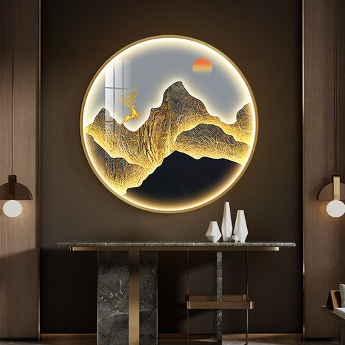 轻奢金山福鹿走廊玄关圆形装饰画招财饭厅画入户LED带灯氛围挂画