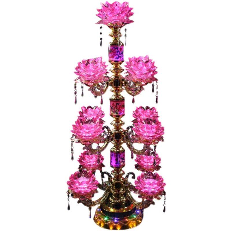 led七九品七彩仿水晶旋转莲花灯佛供灯观音佛前佛台长明家用插电