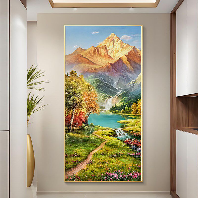 聚宝盆入户玄关装饰画轻奢高级感日照金山走廊过道挂画山水风景画