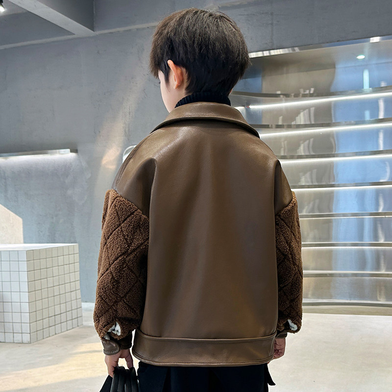 男童皮衣外套秋冬装新款加绒加厚冬季2023儿童拼接加厚夹克中大童