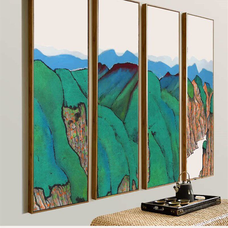 新中式装饰画风景水墨四联挂画沙发背景墙客厅书房玄关有框国画竖