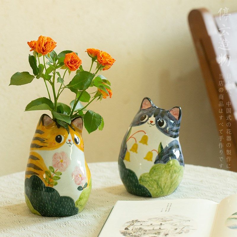 观瓷 猫形插花花器创意手绘陶瓷花瓶景德镇手工可爱猫咪摆件装饰