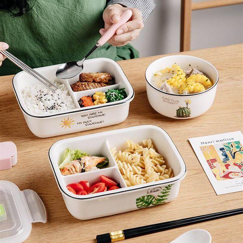 饭菜分离饭盒微波炉专用陶瓷分格便当盒带盖密封上班族带饭三格多