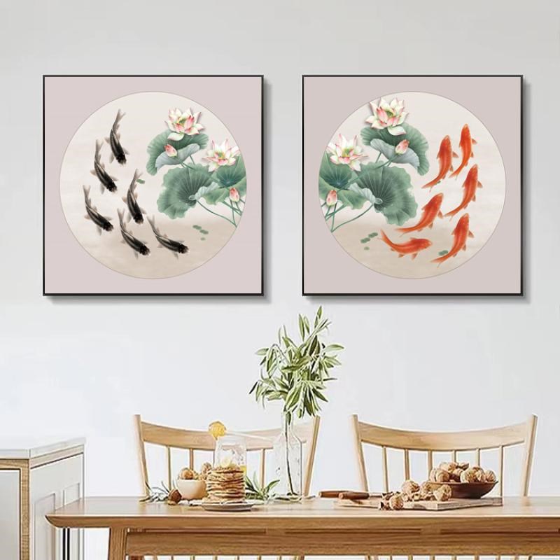六鱼图挂画荷花壁画客厅挂画年年有余沙发景背景墙画六条鱼装饰画