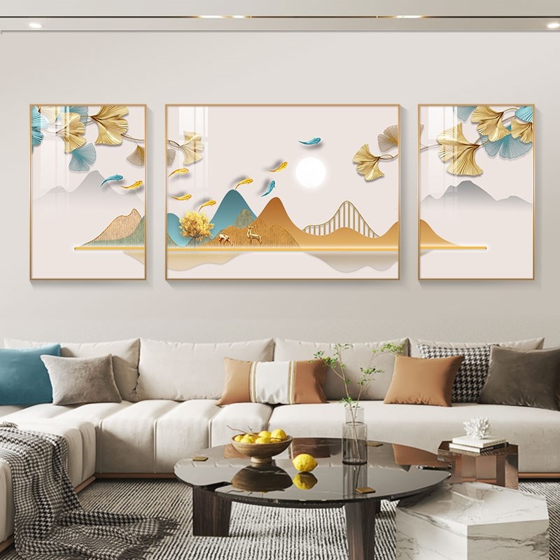 网红福鹿相随 客厅装饰画银杏叶背景墙山水画大气沙发金色挂画三