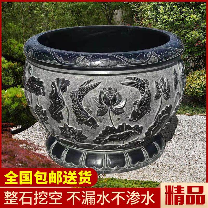 天然青石仿古鱼缸+曲阳手工石雕摆件+户外庭院石雕鱼缸+大尺寸石