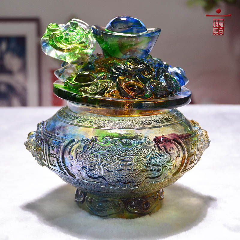 琉璃聚宝盆带盖摆件家居饰品结婚中式轻奢客厅玄关招财装饰工艺品