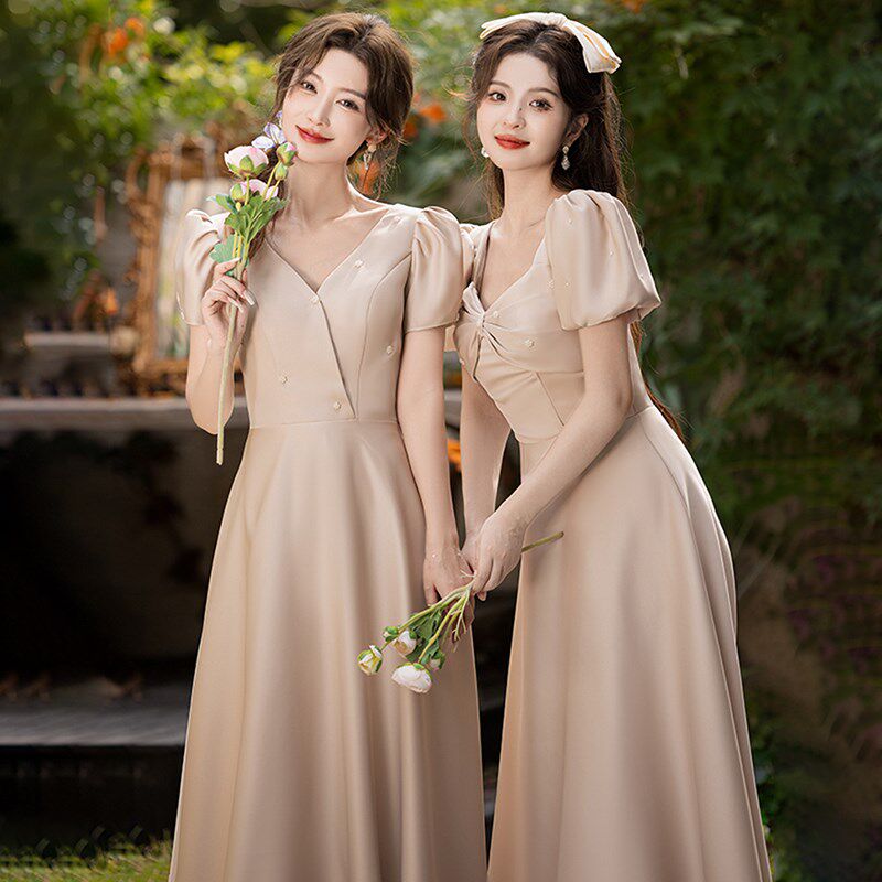 婚礼伴娘服2024新款高级感秋冬缎面香槟色礼服裙女日常小众姐妹服