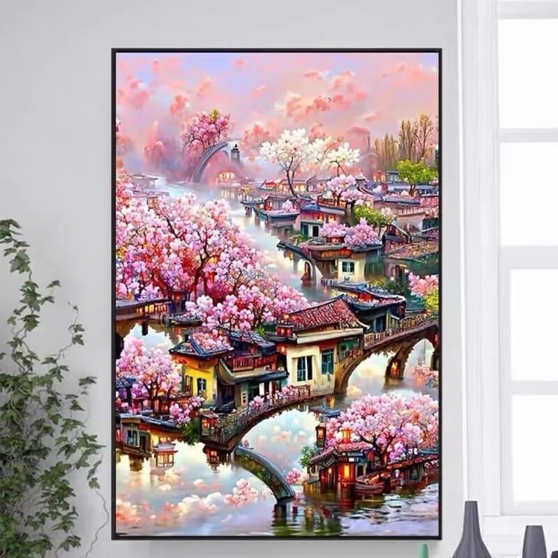 春夏秋冬四季十字绣2023新款客厅绣线满绣风景山水画四联画手工绣