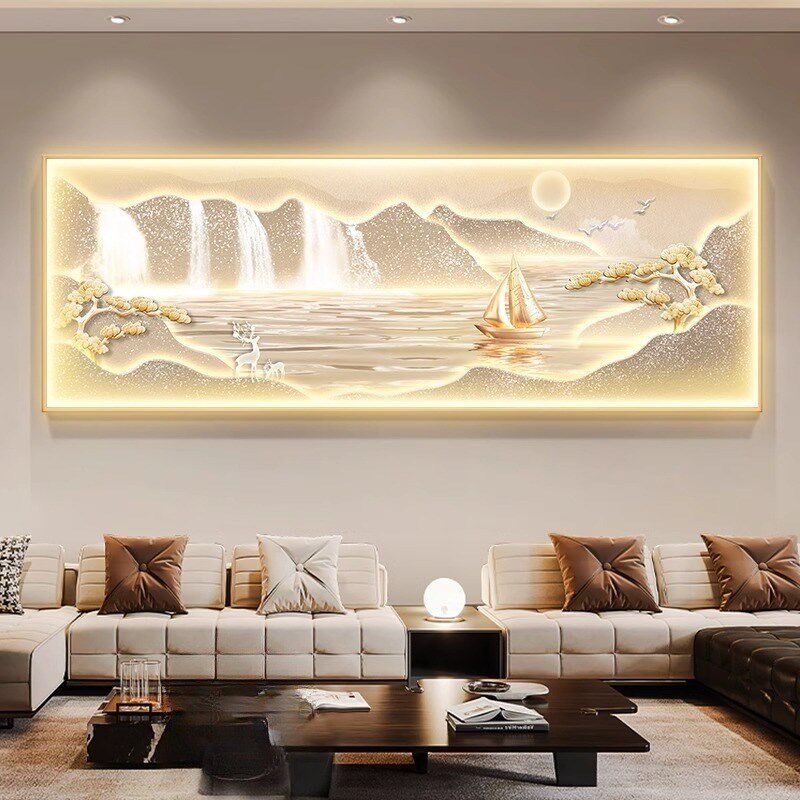 带灯流水生财家有金山居家装饰画一帆风顺客厅沙发背景墙壁灯LED