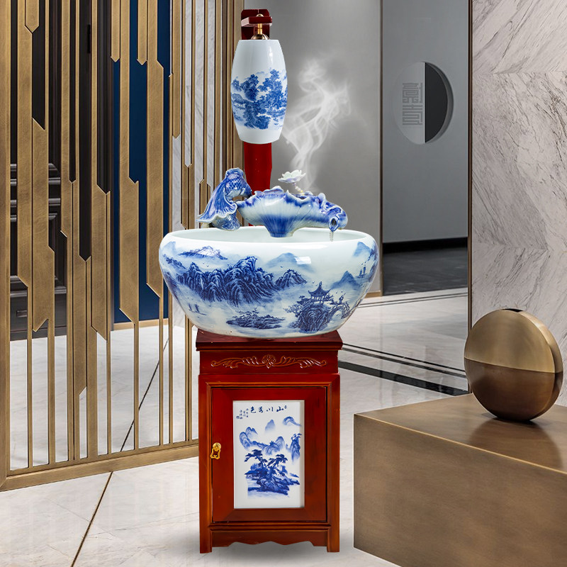 景德镇陶瓷鱼缸喷泉循环过滤加氧乌龟缸养龟箱大型家用酒店装饰品