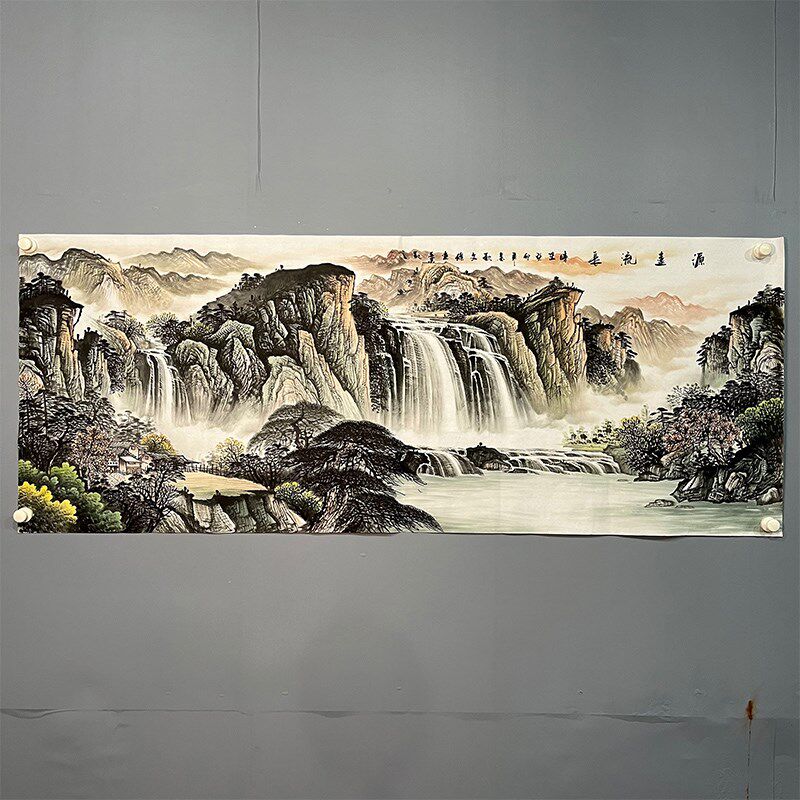 纯手绘国画山水横幅小六尺源远流长客厅沙发背景墙电视墙装饰画