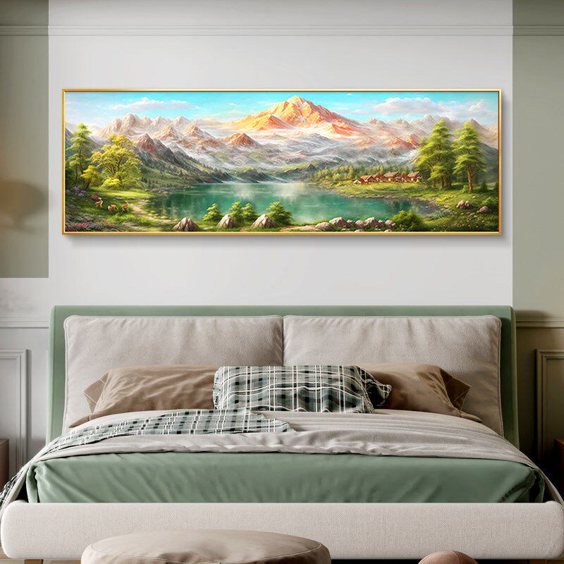 背靠金山床头画卧室挂画轻奢高级感主卧房间装饰画聚宝盆山水壁画