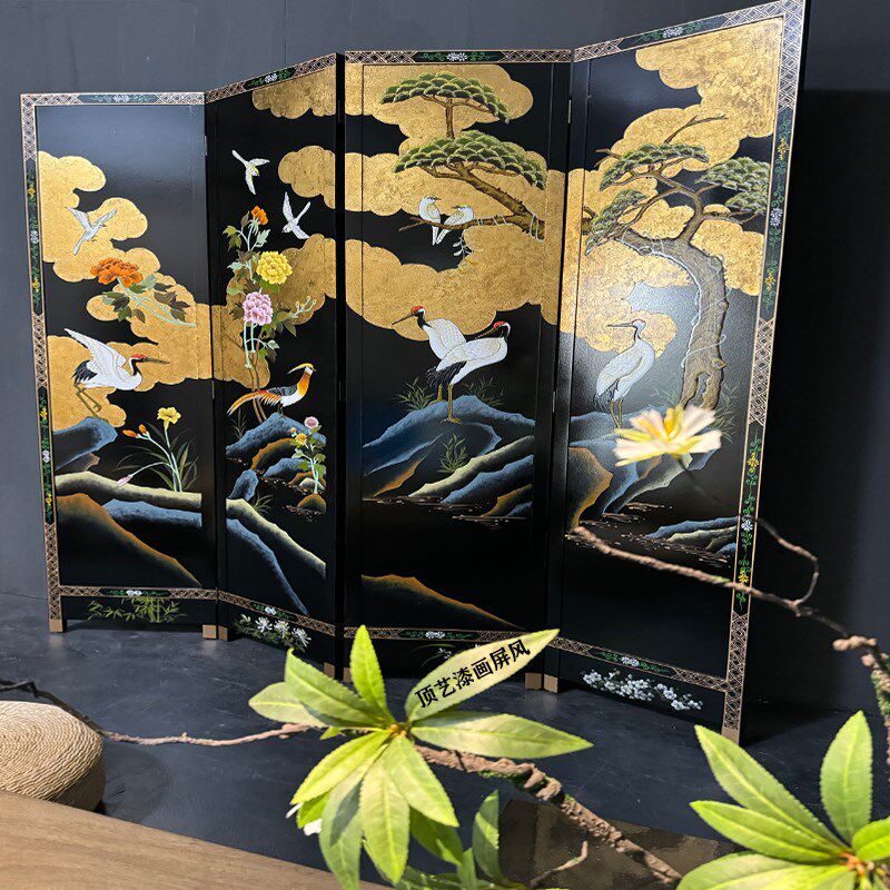 定制中试复古屏风黑底花鸟小众折屏工艺客厅隔断茶室玄关遮挡折叠