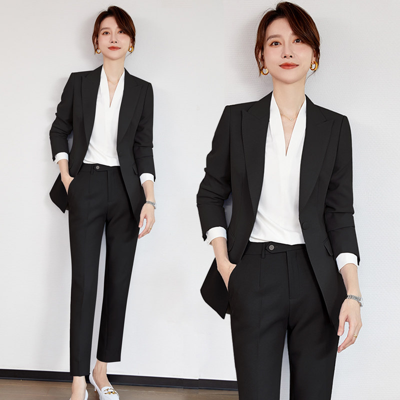 西装套装女修身高端职业套装售楼部工作服女公务员面试雾霾蓝黑色