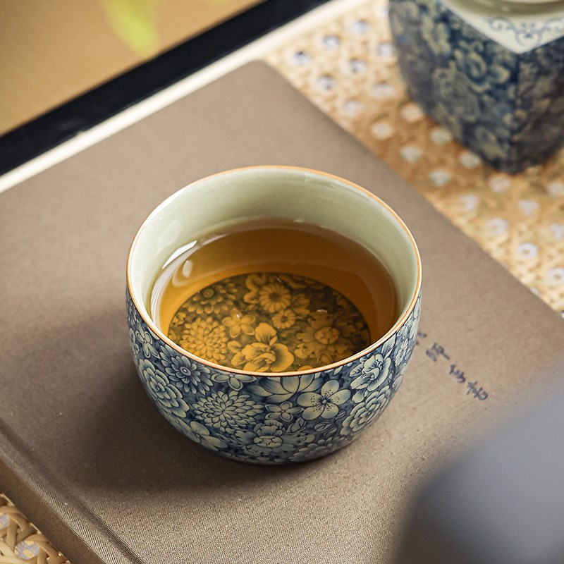 老陶泥手工青花功夫茶杯主人杯高档个人专用中式家用仿古单只茶盏