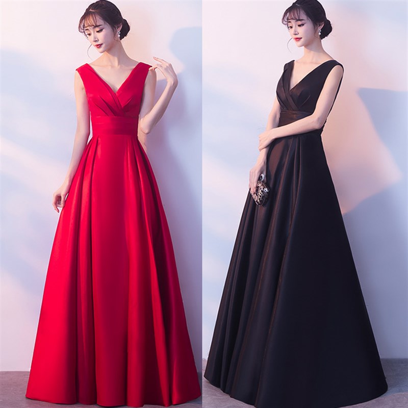 红色晚礼服裙平时可穿V领高端合唱演出服无袖长款连衣裙新娘优雅
