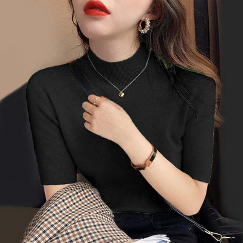 墨绿色五分袖针织衫女春秋冬季毛衣百搭半高领中袖打底衫大码上衣