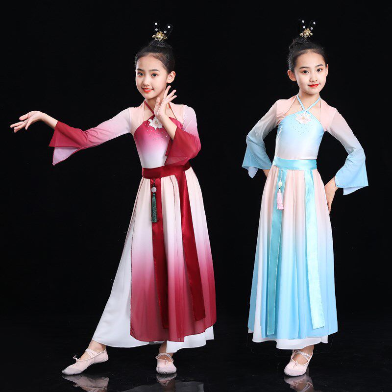 儿童古典舞演出服飘逸中国风舞蹈服装女童古风汉服表演扇子舞纱衣