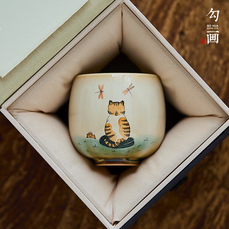 【勾画茶器】窑变复古茶杯主人杯手绘橘猫背影女生茶具可爱品茗杯